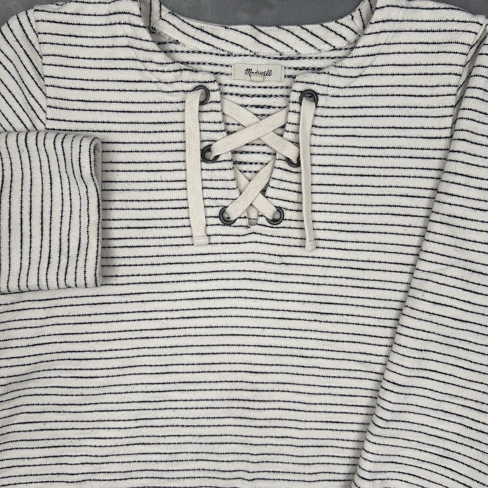 MADEWELL Women's Small Striped Lace Up Top 3/4 Sleeve Navy Sailor Sweatshirt